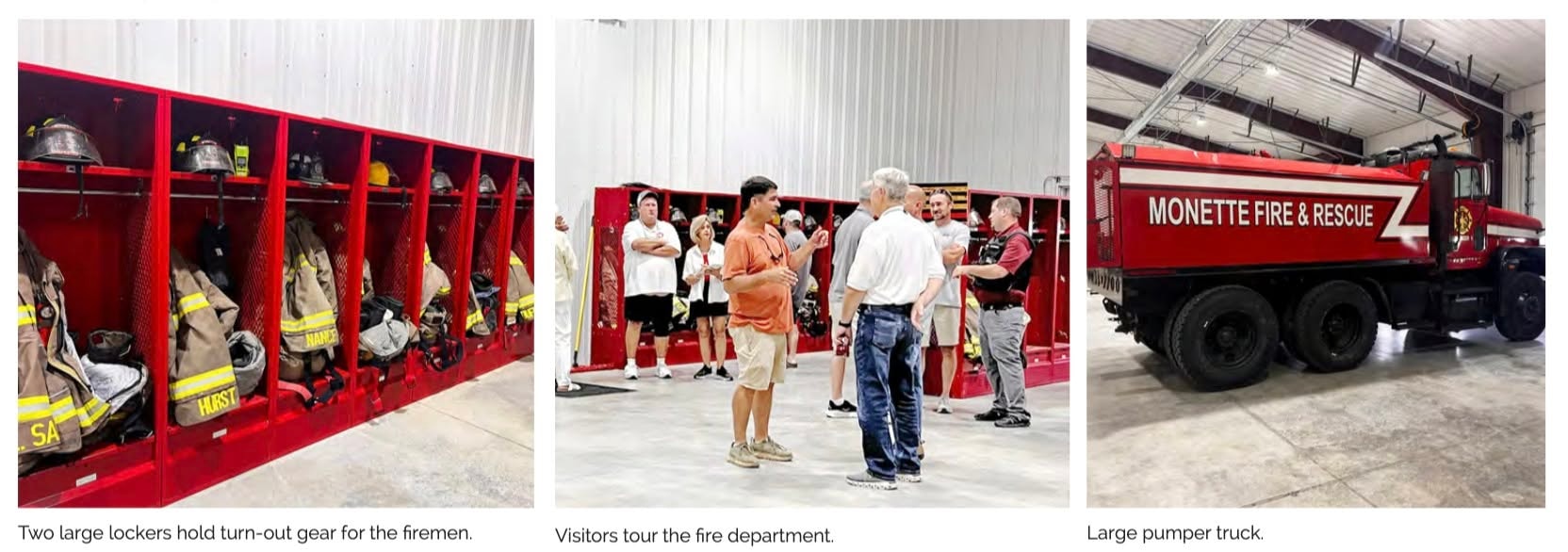 Fire station gear lockers, visitors touring the station, and Monette Fire and Rescue apparatus