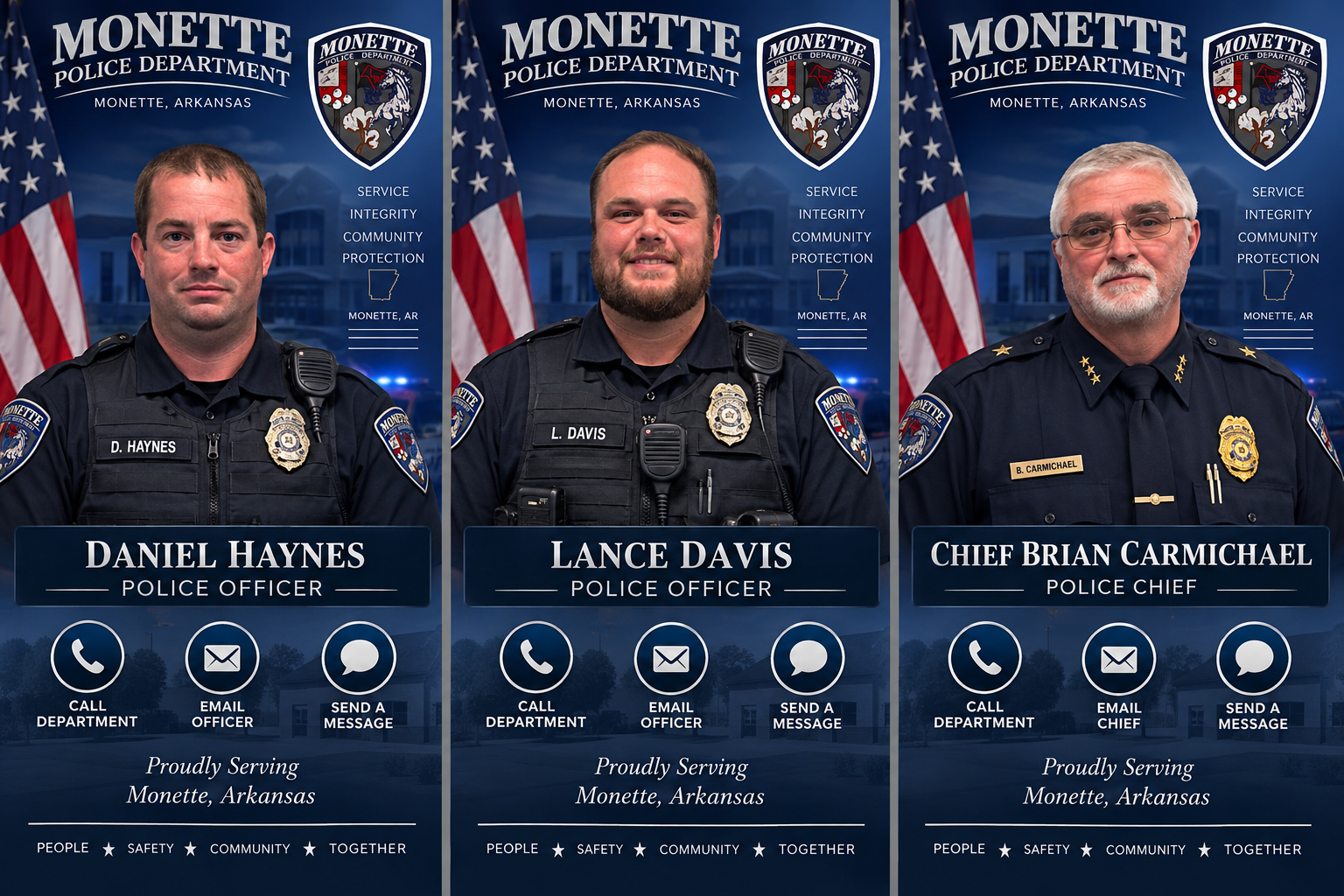 Monette Police Department — Sergeant Daniel Haynes, Officer Lance Davis, and Chief Brian Carmichael